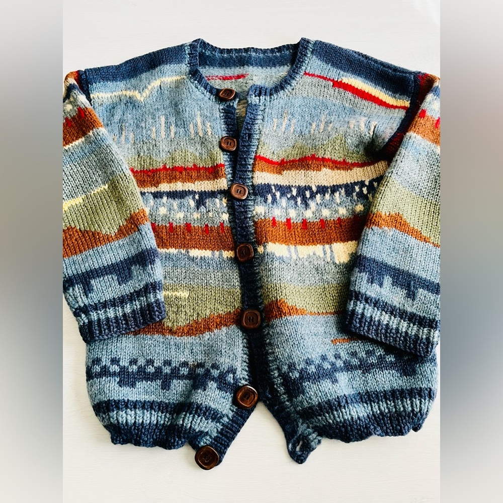 Vintage Wool hand knit landscape Colorful Knit Cardigan with Button Closure - Picture 2 of 14